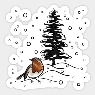 Robin and Snow Covered Trees Digital Illustration Sticker